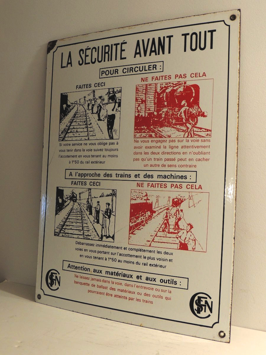 plaque émaillée SNCF " La sécurité avant tout " panneau de signalisation  53 x 40 cm ,  20 ème -photo-4