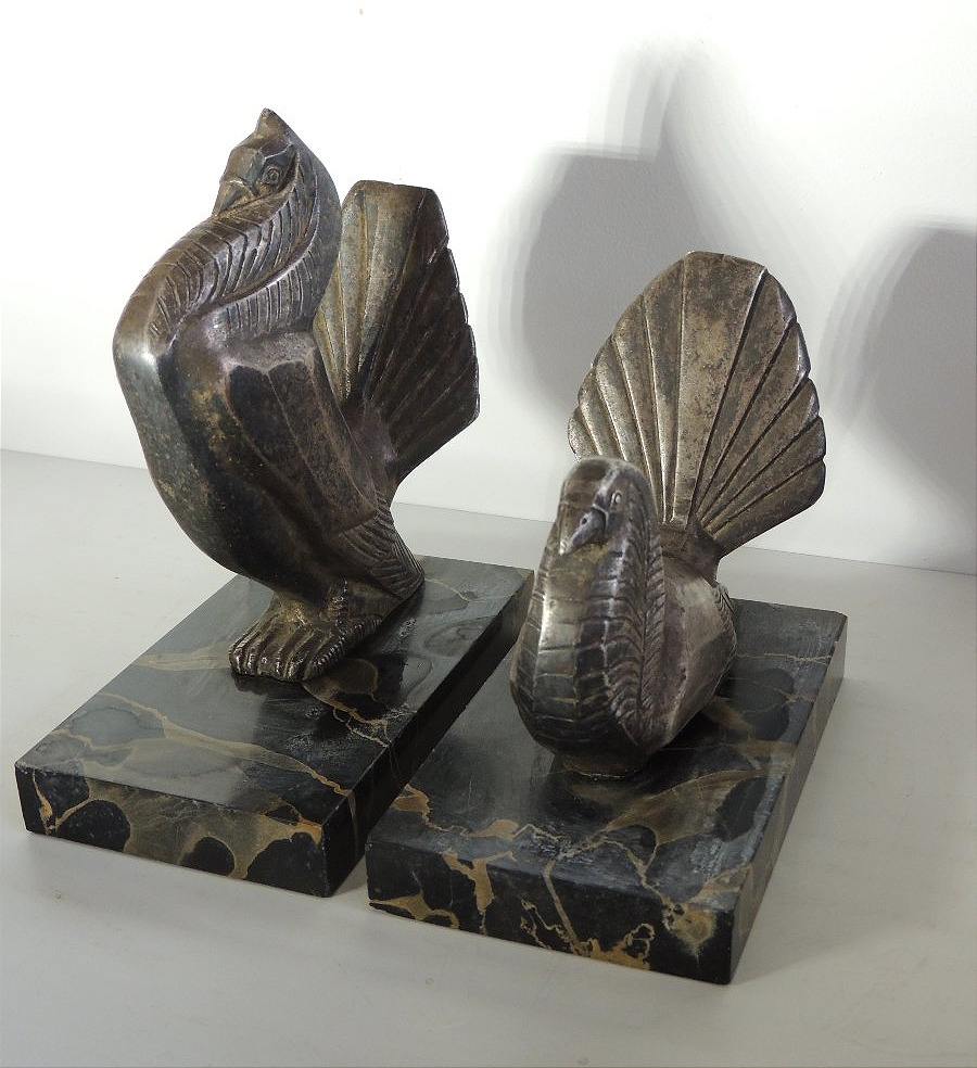 serre livres du sculpteur animalier Irénée Rochard , couple de dindes en bronze argenté ,20 ème-photo-4