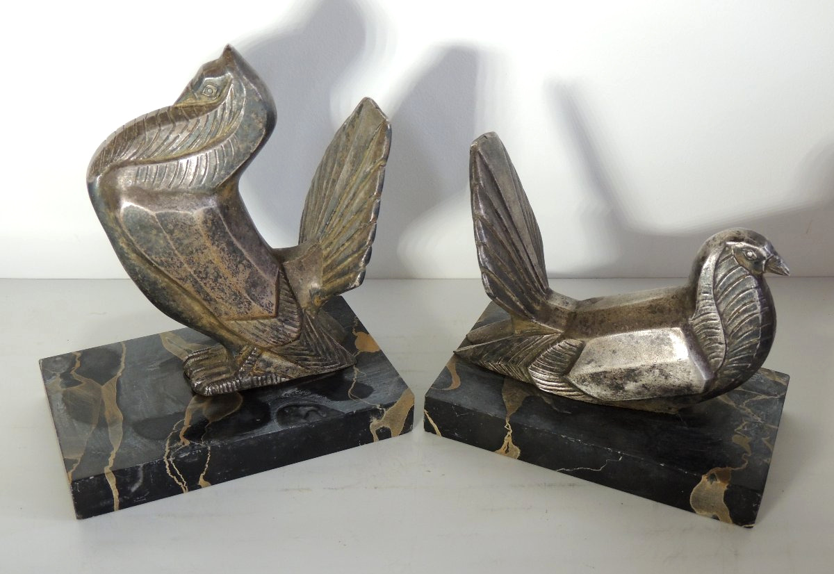serre livres du sculpteur animalier Irénée Rochard , couple de dindes en bronze argenté ,20 ème