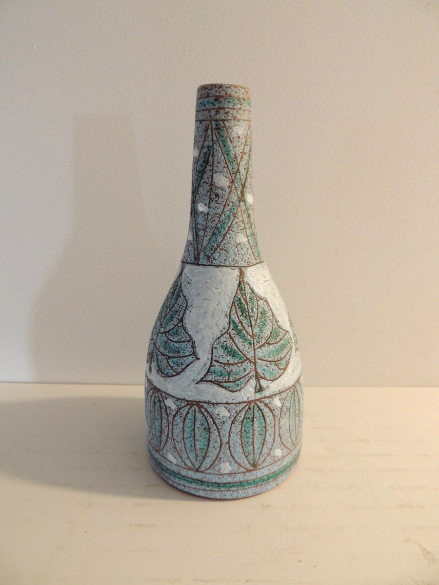 Glazed Ceramic Vase, Fratelli Fanciullaci, With Sgraffito-engraved Leaf Design, 20th Century-photo-2