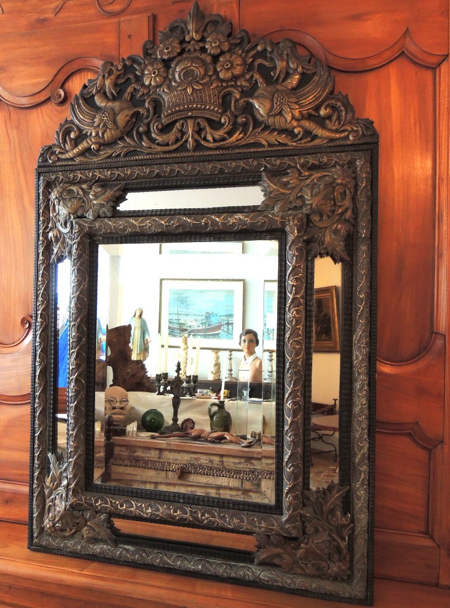 Glass Bead Mirror In Repoussé Brass Napoleon III 19th.