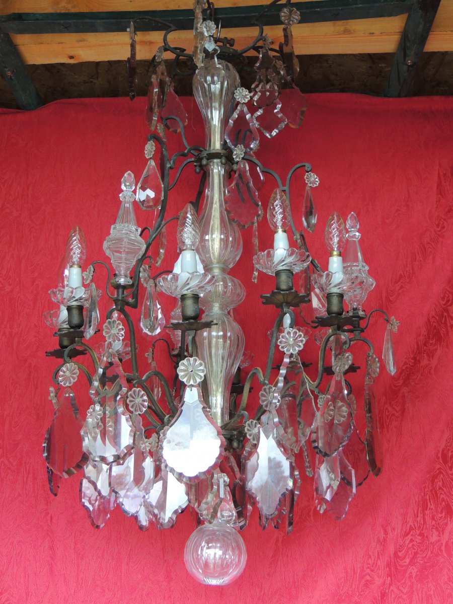 Lustre Cage En Cristal De Bohême Louis XV  19 ème, 9 Lumières 3 Poignards.-photo-2