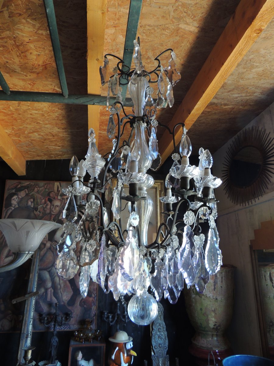 Lustre Cage En Cristal De Bohême Louis XV  19 ème, 9 Lumières 3 Poignards.-photo-3
