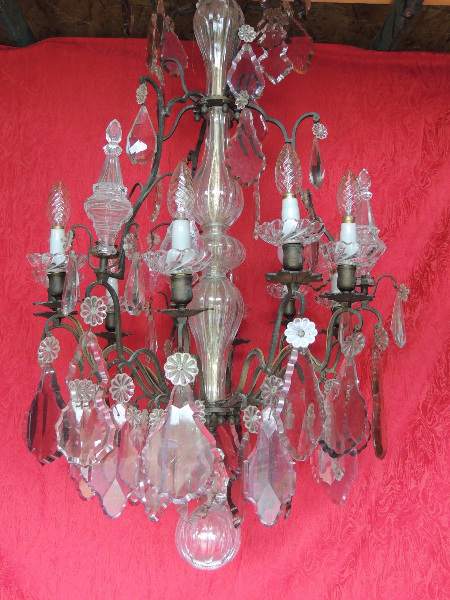 Cage Chandelier In Bohemian Crystal Louis XV 19th, 9 Lights 3 Daggers.-photo-4