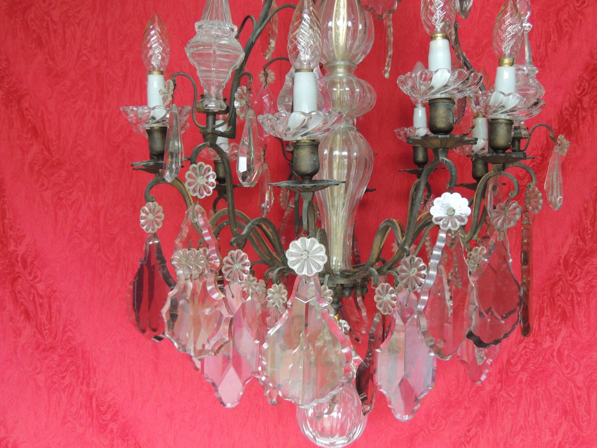 Lustre Cage En Cristal De Bohême Louis XV  19 ème, 9 Lumières 3 Poignards.-photo-2