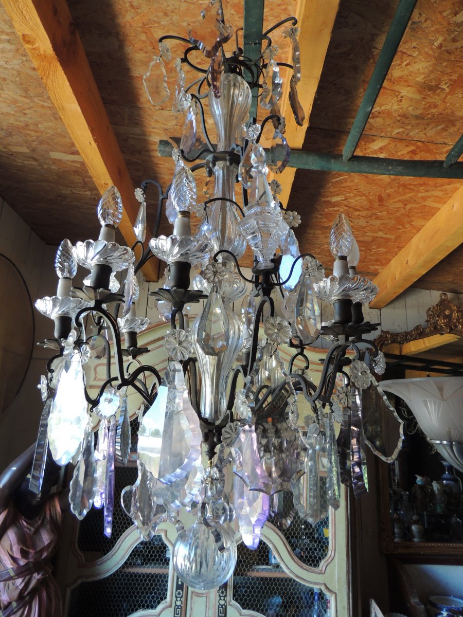 Cage Chandelier In Bohemian Crystal Louis XV 19th, 9 Lights 3 Daggers.