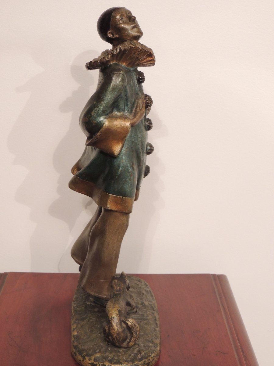Bronze Sculpture Pierrot Au Chat By Robert Bousquet.-photo-4