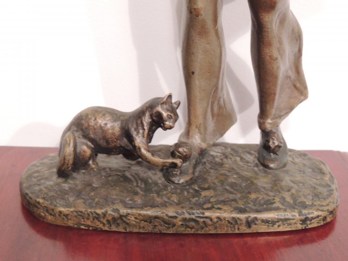 Bronze Sculpture Pierrot Au Chat By Robert Bousquet.-photo-1