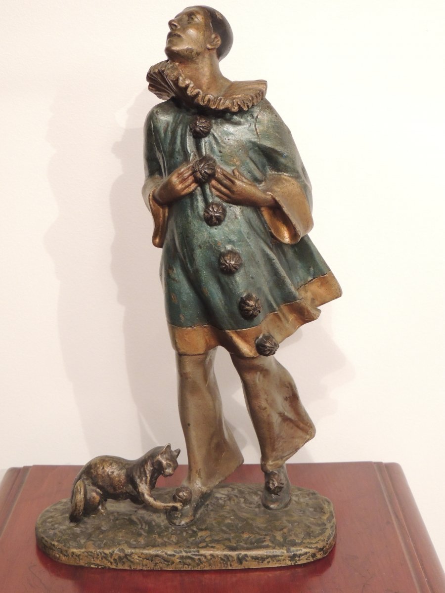 Bronze Sculpture Pierrot Au Chat By Robert Bousquet.