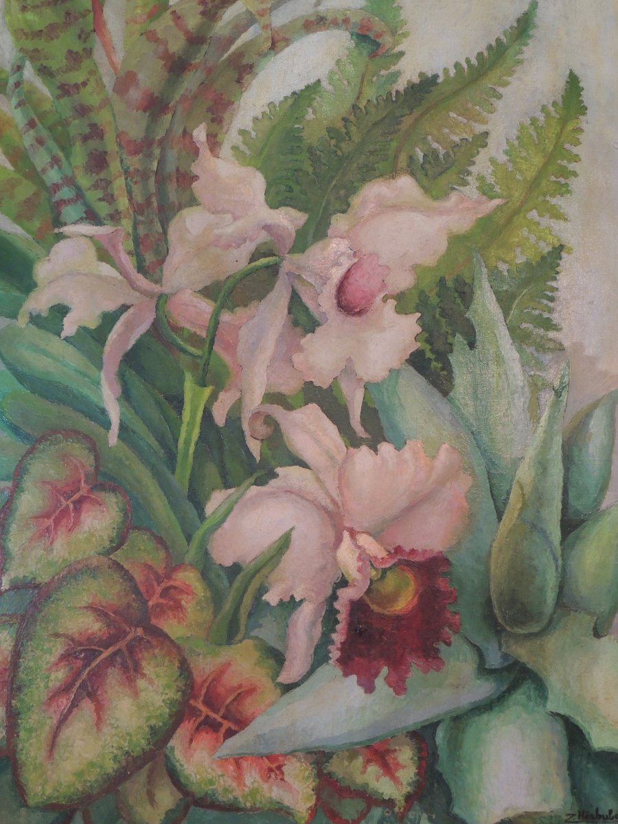 Tableau Peinture à l'Huile Sur Toile  Fleurs Et  Plantes Vertes Par Z. Herbulot  -photo-2