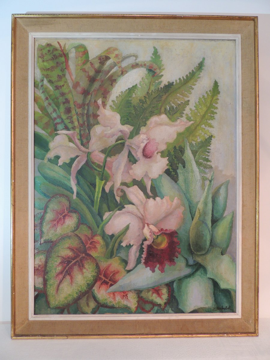 Table Oil Painting On Canvas Flowers And Green Plants By Z. Herbulot