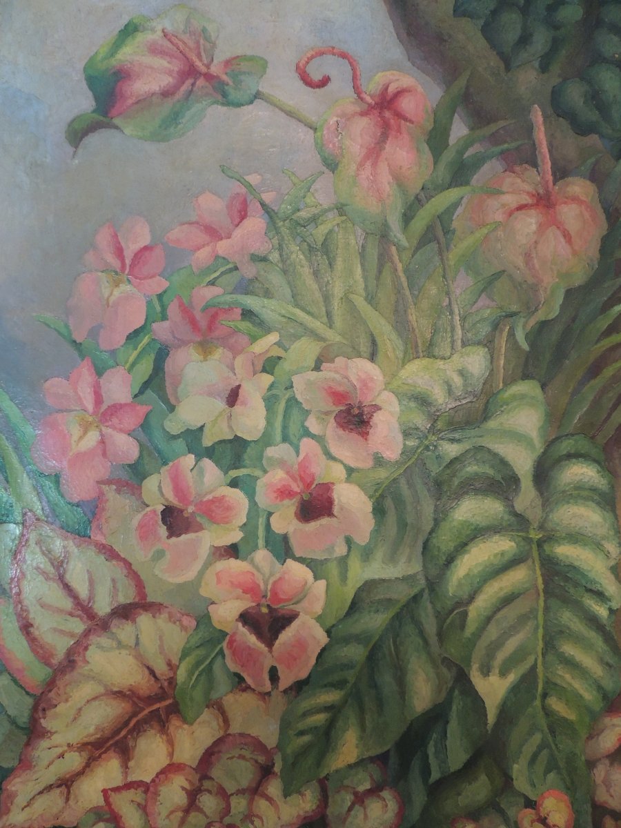 Tableau Peinture à l'Huile Sur Toile Fleurs Et Plantes Vertes Par Z. Herbulot -photo-2