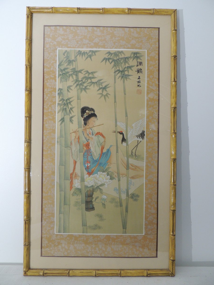 Peinture Sur Soie , Tableau Gouache d'Une Jeune Musicienne Asiatique ,  20 éme-photo-2