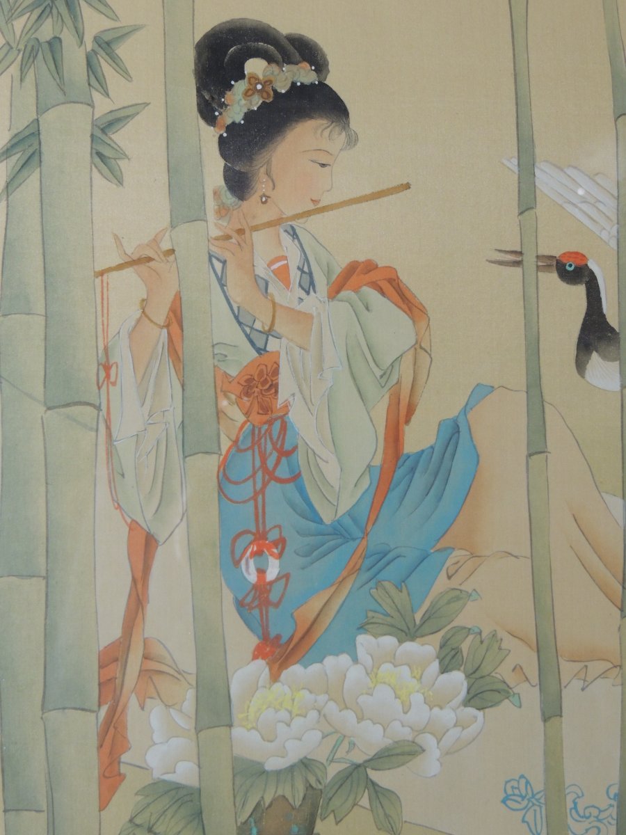 Peinture Sur Soie , Tableau Gouache d'Une Jeune Musicienne Asiatique ,  20 éme-photo-3