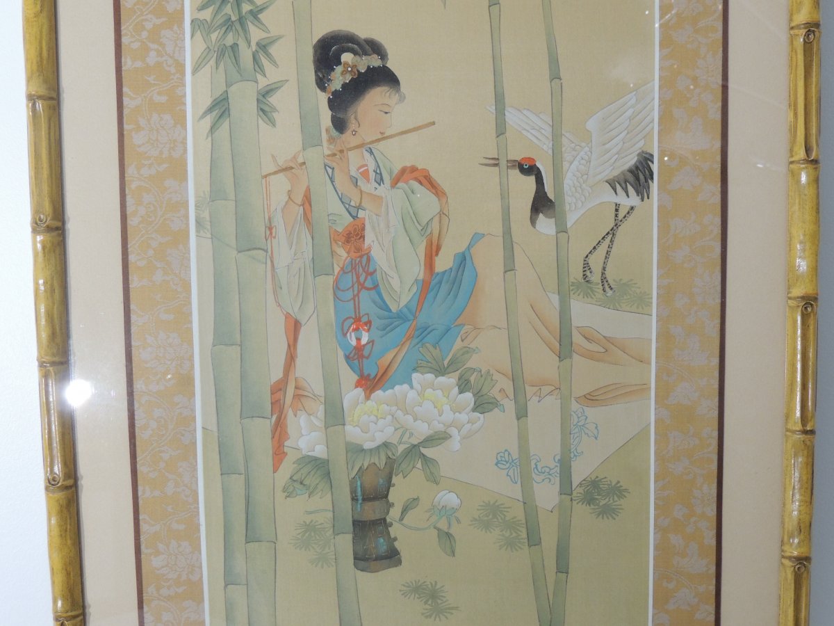 Peinture Sur Soie , Tableau Gouache d'Une Jeune Musicienne Asiatique ,  20 éme-photo-2