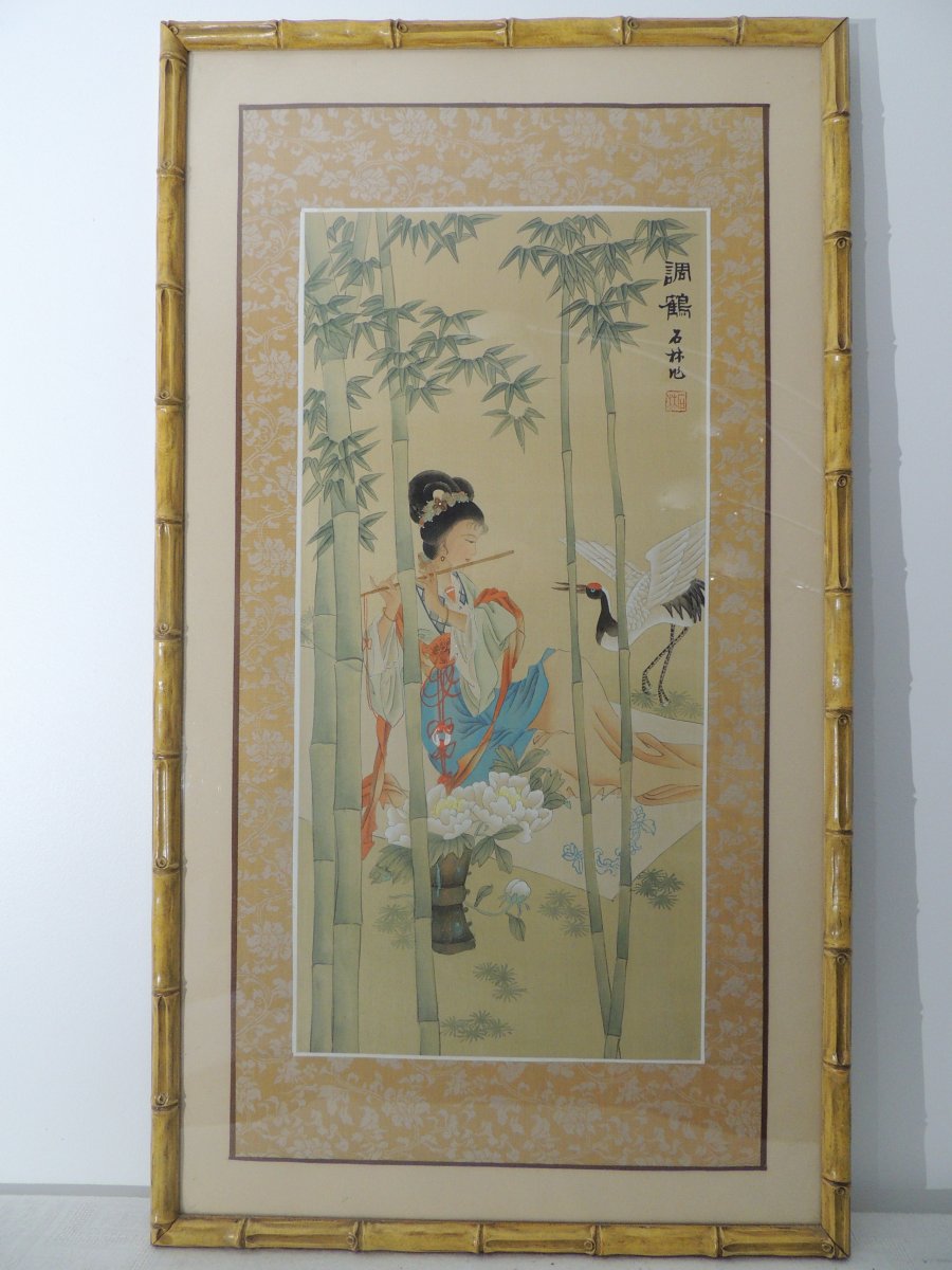 Peinture Sur Soie , Tableau Gouache d'Une Jeune Musicienne Asiatique ,  20 éme