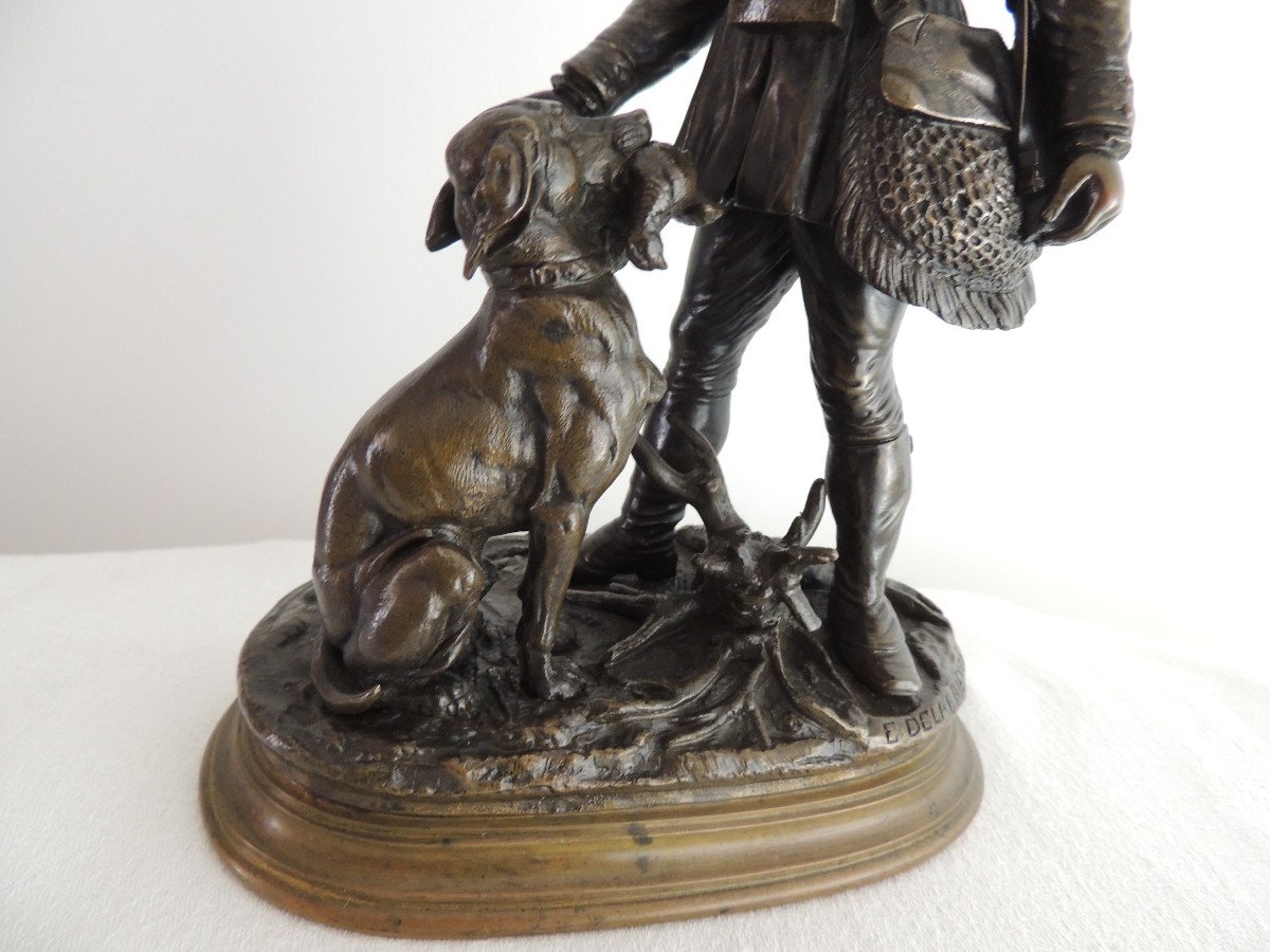 Édouard Paul Delabrierre (1829-1912) Hunter And His Dog Bronze Sculpture-photo-3