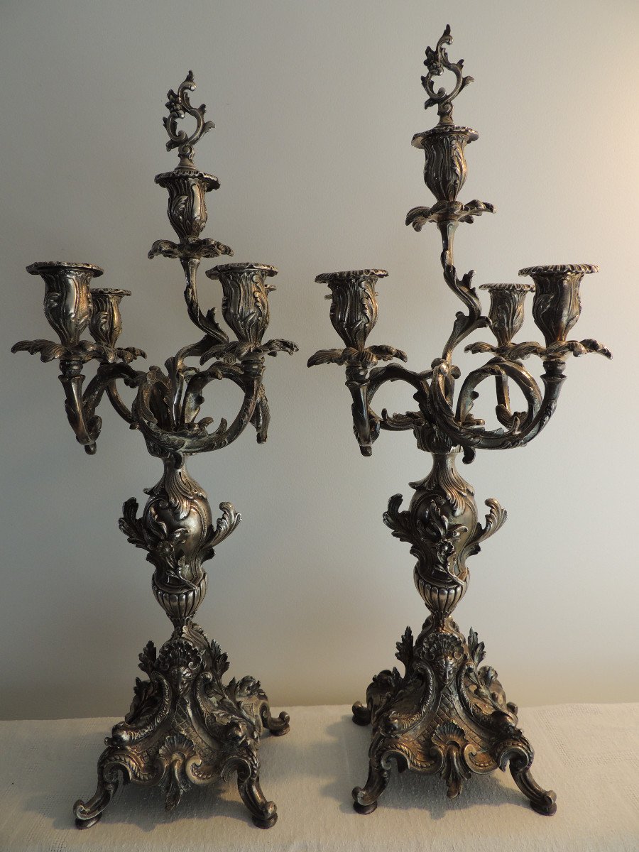 Pair Of Candelabra In Silver Bronze Louis XV Style Rocaille Decor 19th Century-photo-2