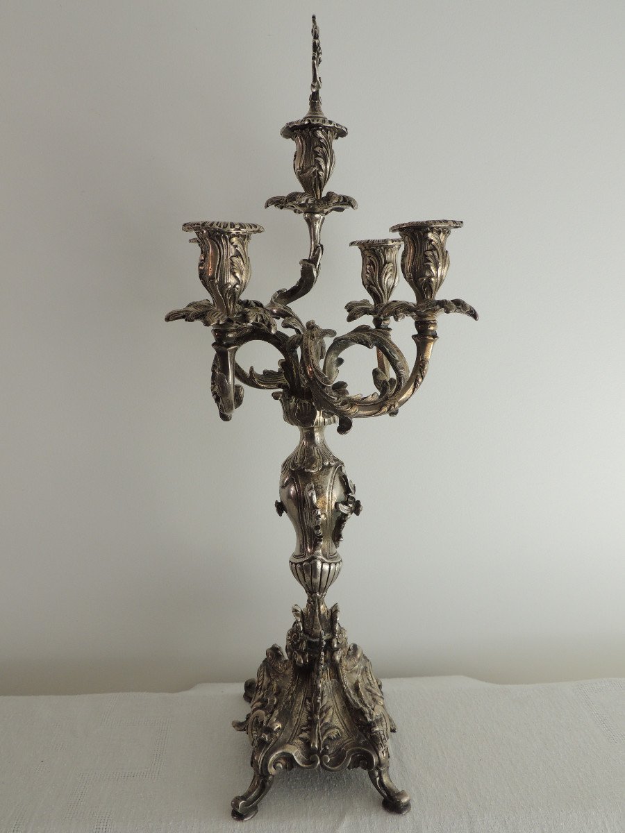 Pair Of Candelabra In Silver Bronze Louis XV Style Rocaille Decor 19th Century-photo-4