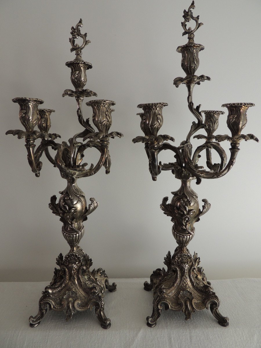 Paire De candélabres, chandeliers, bougeoirs   En Bronze Argenté De Style Louis XV Décor Rocaille 19 ème Siècle