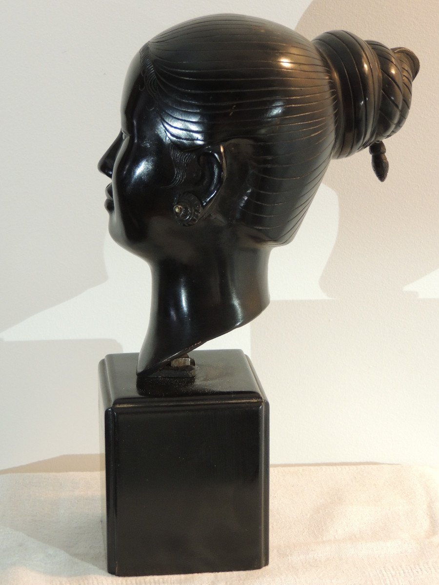 Bronze Head, Young Asian Woman, Indochina 20th Century-photo-4