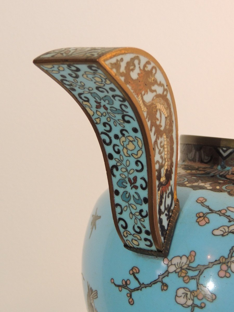 Bronze Vase With Cloisonné Enamels, Meiji Japan XIXth Century, Bird Decor On Blue Background-photo-1