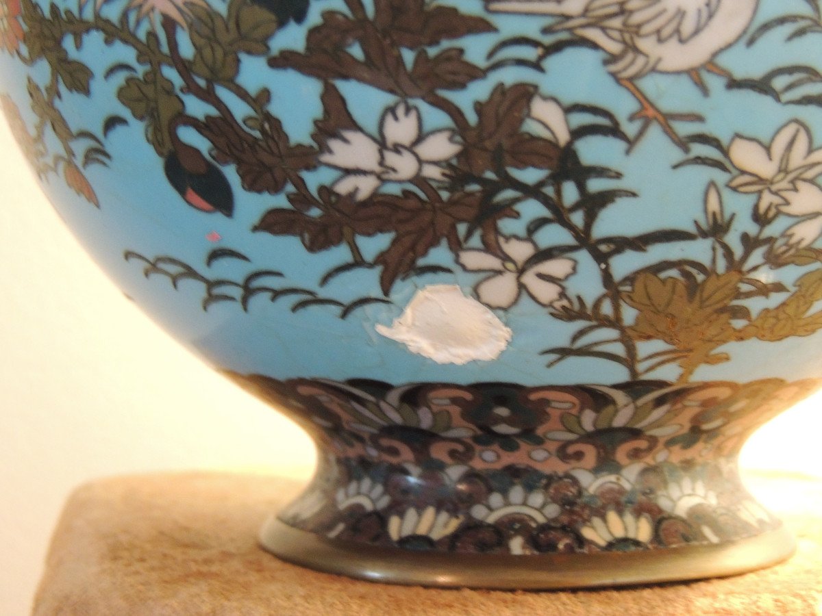 Vase En Bronze à émaux Cloisonnés , Japon Meiji XIX ème Siècle , Décor d'Oiseaux Sur Fond Bleu-photo-8