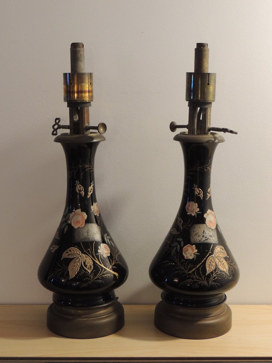 Pair Of Oil Lamp, Floral Decor, Napoleon III, 19th Century-photo-4