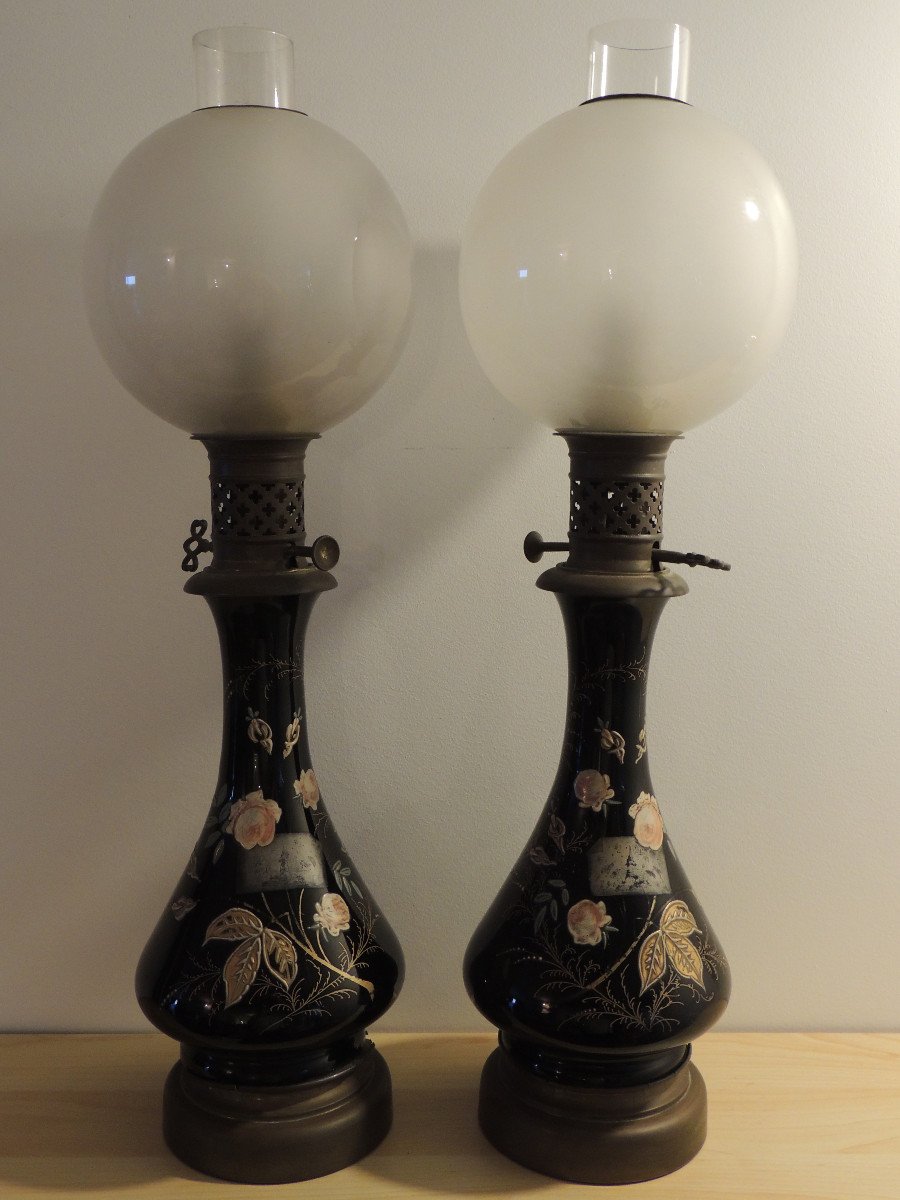 Paire De Lampe à Pétrole , Décor Floral , Napoléon III , 19 ème Siècle