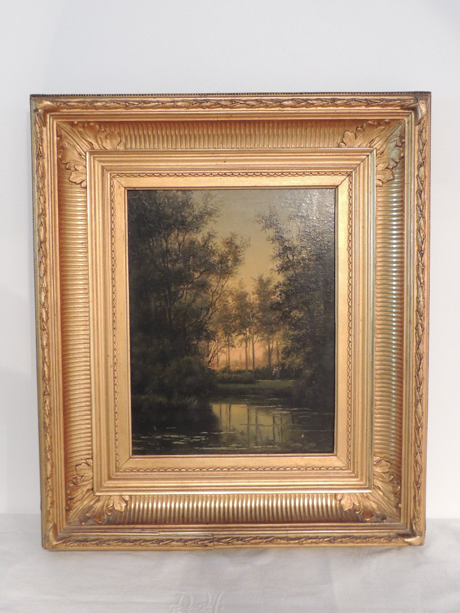 tableau Peinture à l' Huile Sur Panneau Bois ,Paysage Lacustre ,De Louis Hendricks (1827-1888) -photo-2