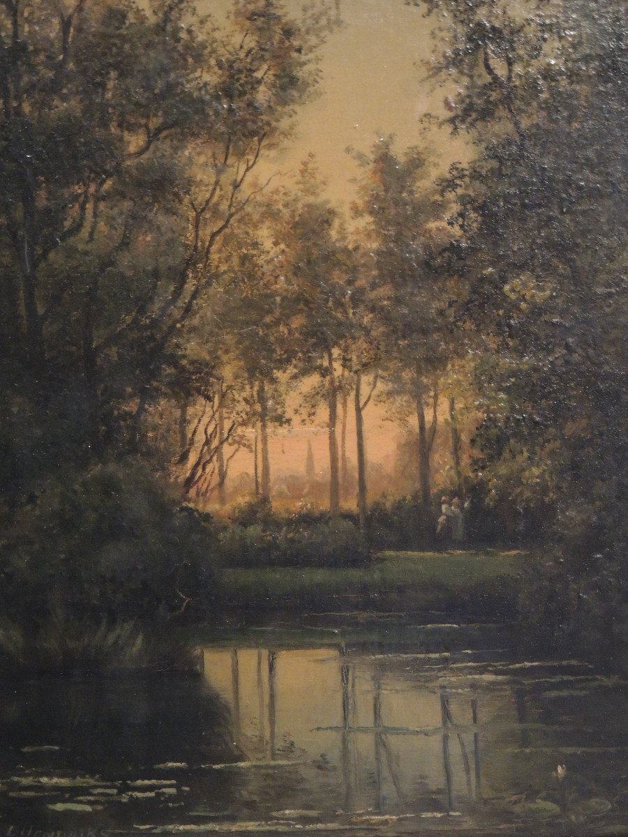 Table Oil Painting On Wood Panel, Lake Landscape, By Louis Hendricks (1827-1888)-photo-4