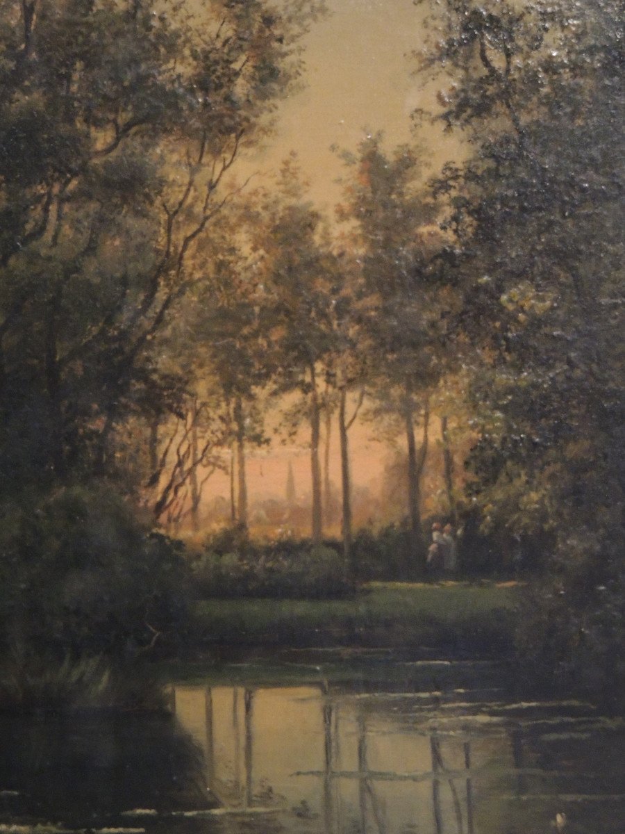 Table Oil Painting On Wood Panel, Lake Landscape, By Louis Hendricks (1827-1888)-photo-1