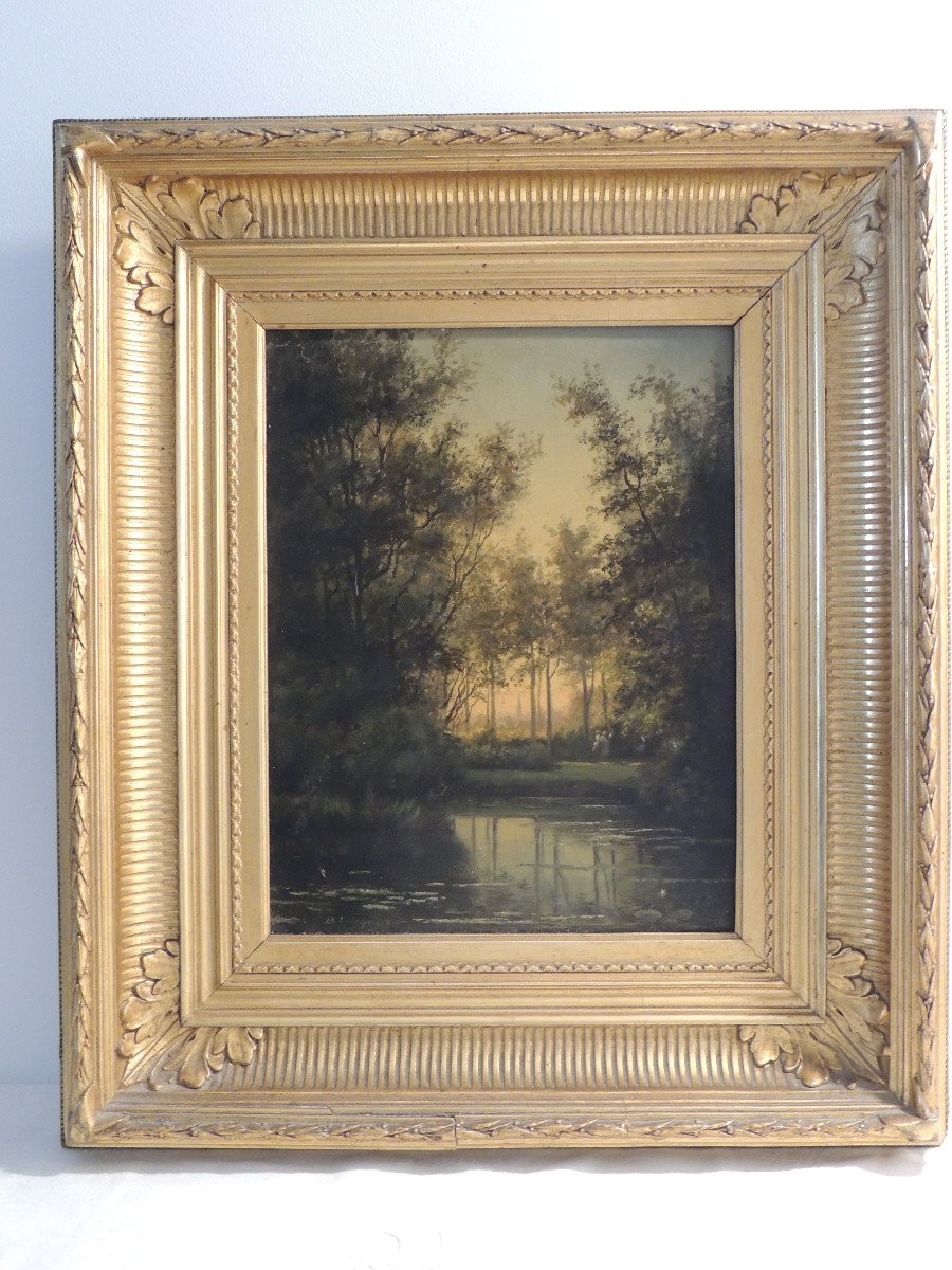 Table Oil Painting On Wood Panel, Lake Landscape, By Louis Hendricks (1827-1888)