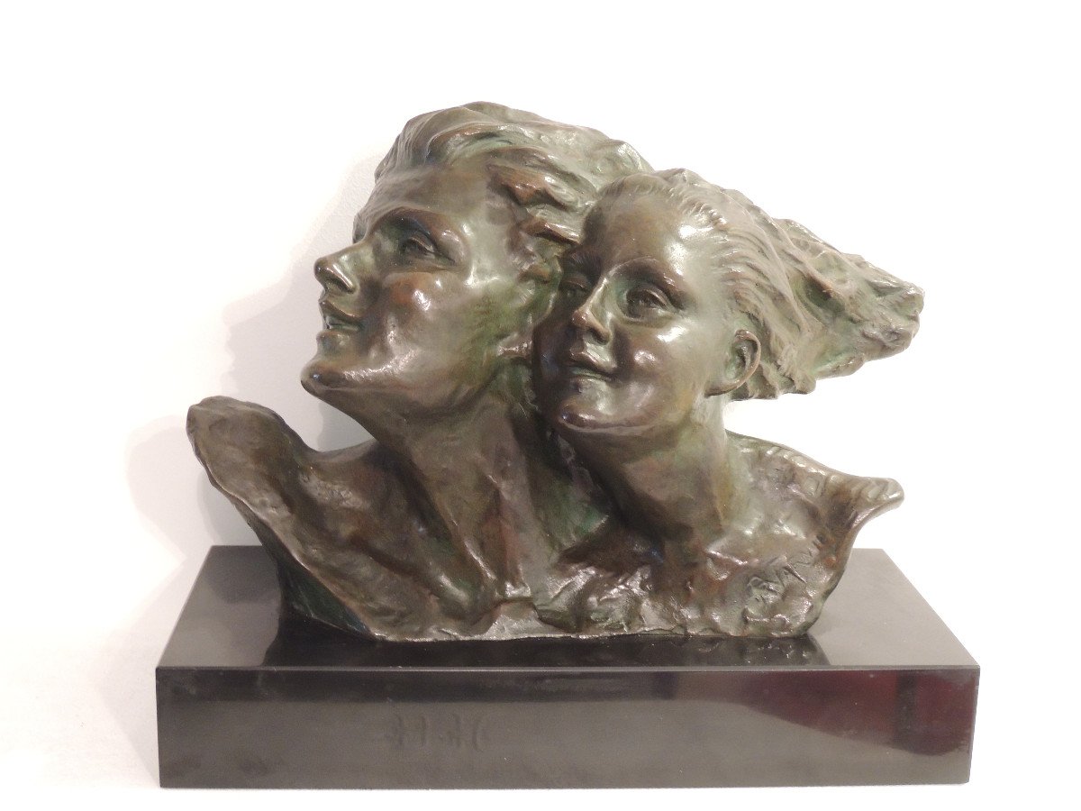 Sculpture En Bronze,couple Les Cheveux Au Vent ,de René André Varnier Vers 1930-photo-2