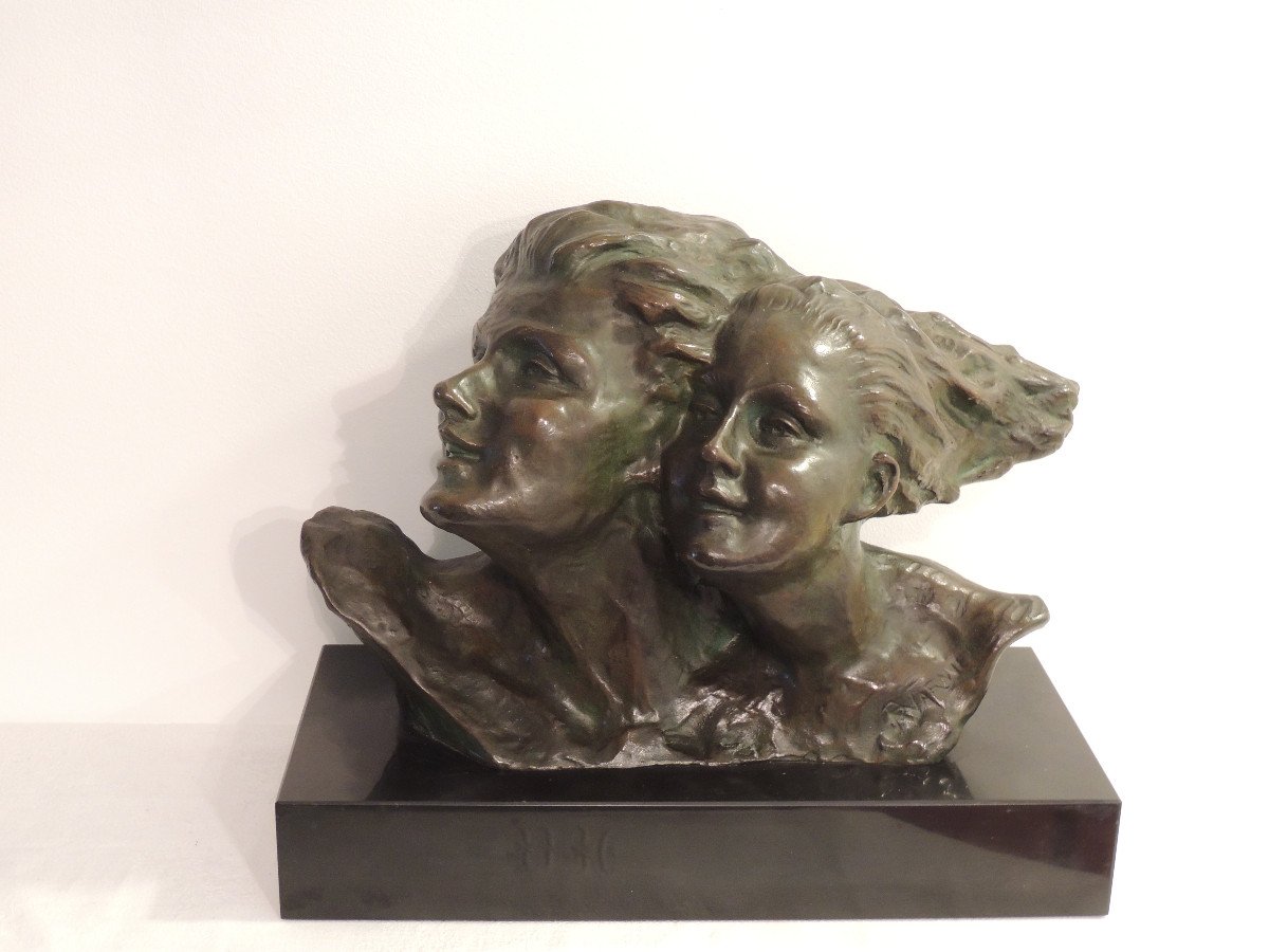 Sculpture En Bronze,couple Les Cheveux Au Vent ,de René André Varnier Vers 1930-photo-4