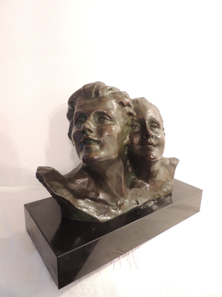 Sculpture En Bronze,couple Les Cheveux Au Vent ,de René André Varnier Vers 1930-photo-3