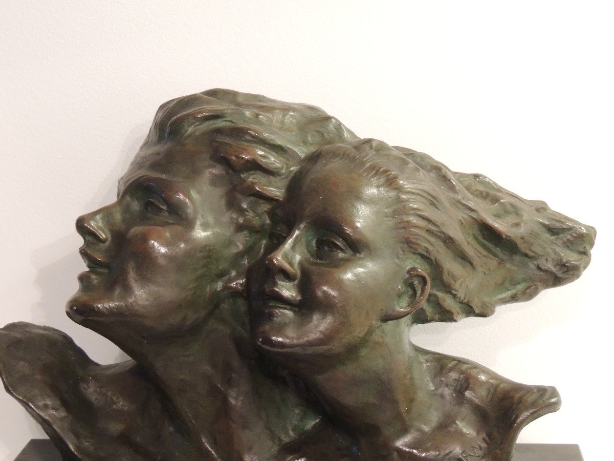 Sculpture En Bronze,couple Les Cheveux Au Vent ,de René André Varnier Vers 1930-photo-4