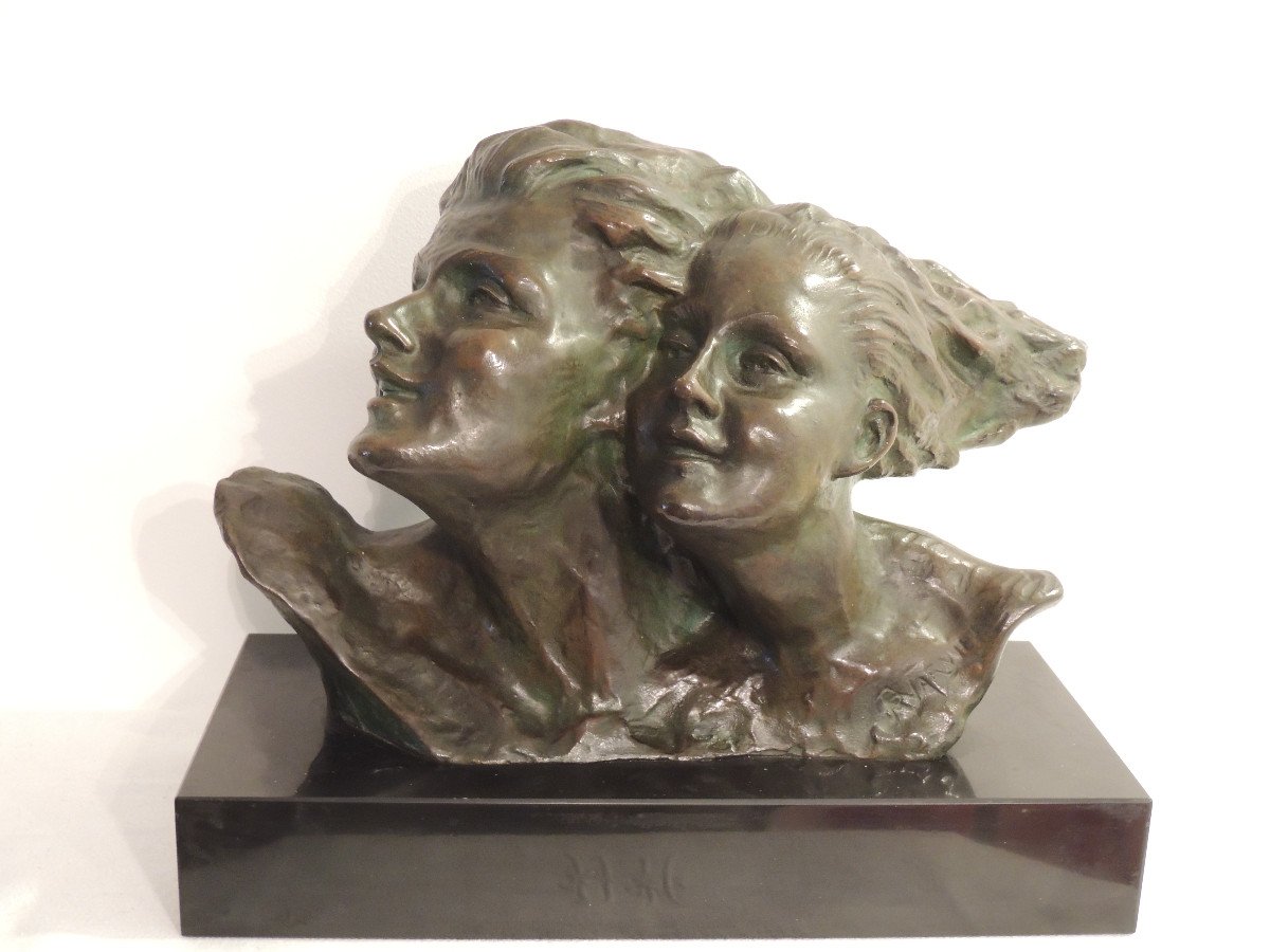 Sculpture En Bronze,couple Les Cheveux Au Vent ,de René André Varnier Vers 1930-photo-5