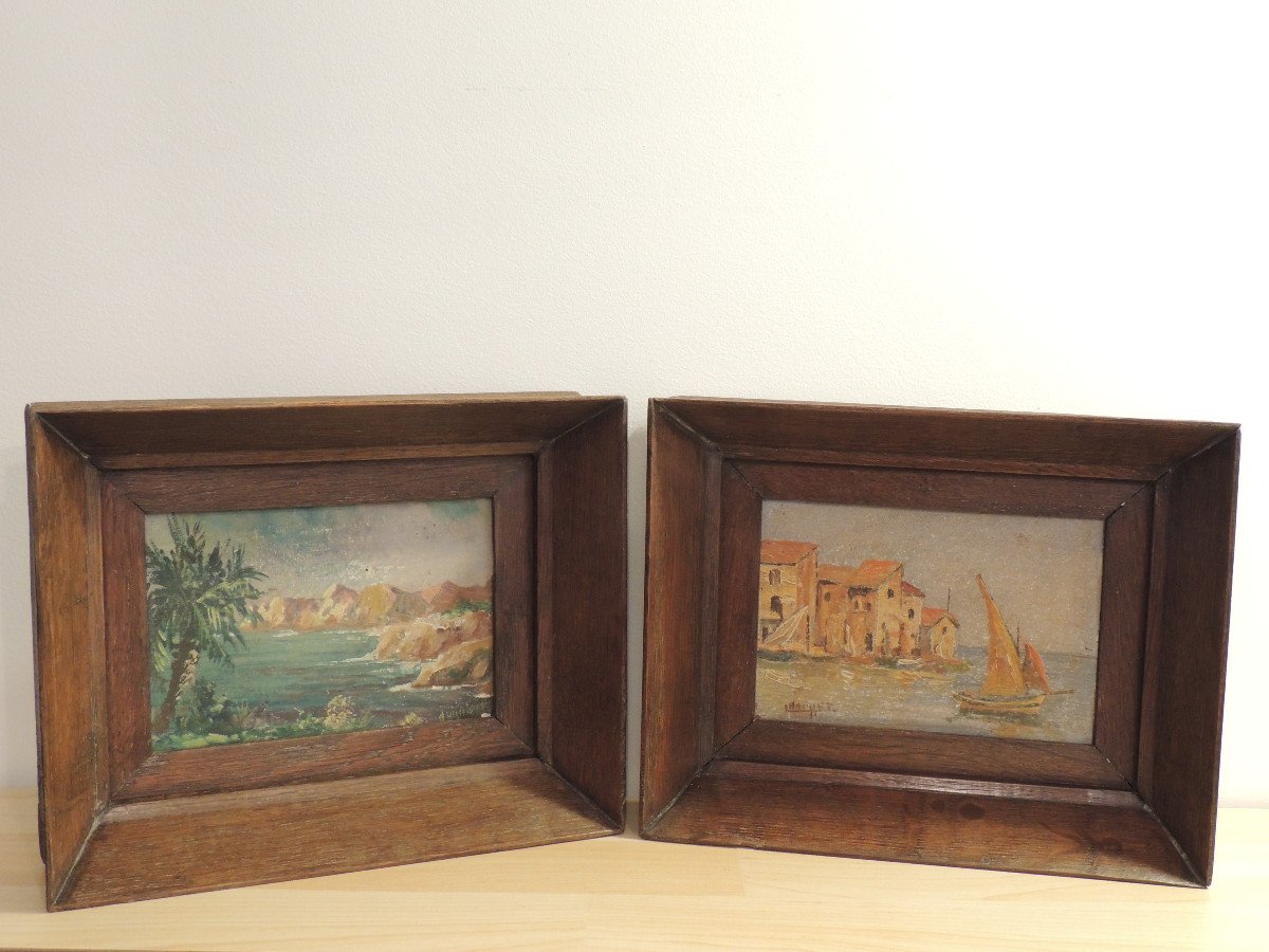 Paintings, Pair Of Small Tables Painted In Oil On Cardboard Paper, By Houjjet, Late 19th