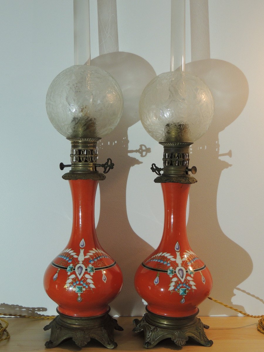 Pair Of Oil Lamps, Porcelain Lamp From The 19th Century-photo-2
