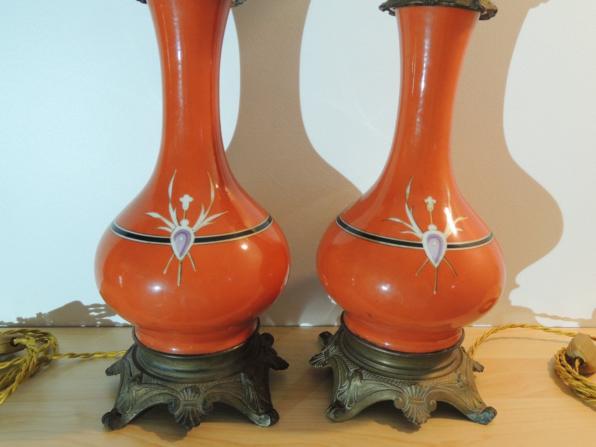 Pair Of Oil Lamps, Porcelain Lamp From The 19th Century-photo-2