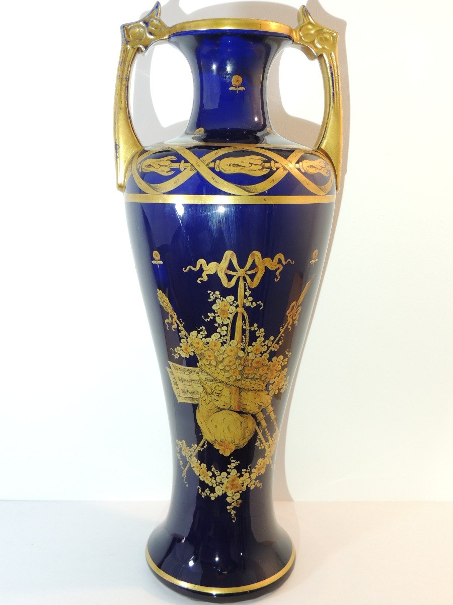 Grand Vase En Céramique Bleu De Tours Et Or , Style Art Nouveau , 20 ème