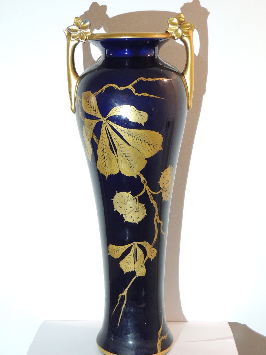 Grand Vase En Céramique Bleu De Tour Et Or , Art Nouveau , 20 ème Siècle-photo-2