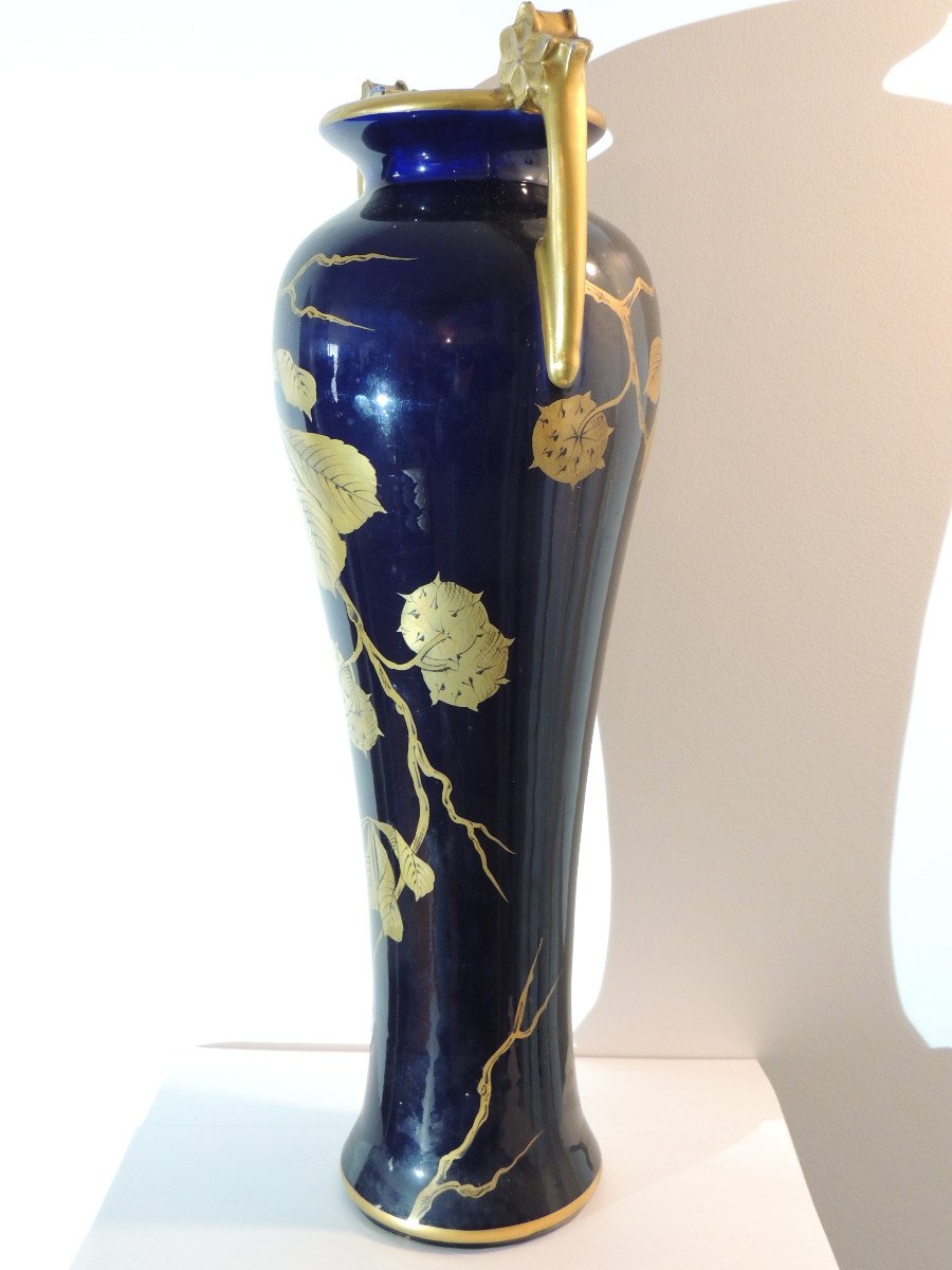Grand Vase En Céramique Bleu De Tour Et Or , Art Nouveau , 20 ème Siècle-photo-3