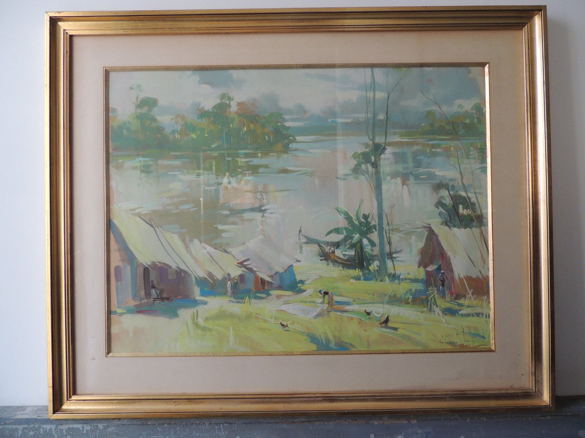 Peinture Mixte , Gouache  Du Peintre Néo-zélandais Guy Hugé , Paysage d'Afrique Congo , 20 ème -photo-2