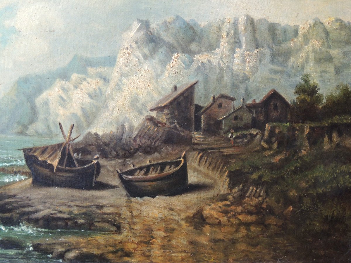 Marine Painting, Marine Painting On Canvas, Seaside Fishing Village, 19th-photo-2
