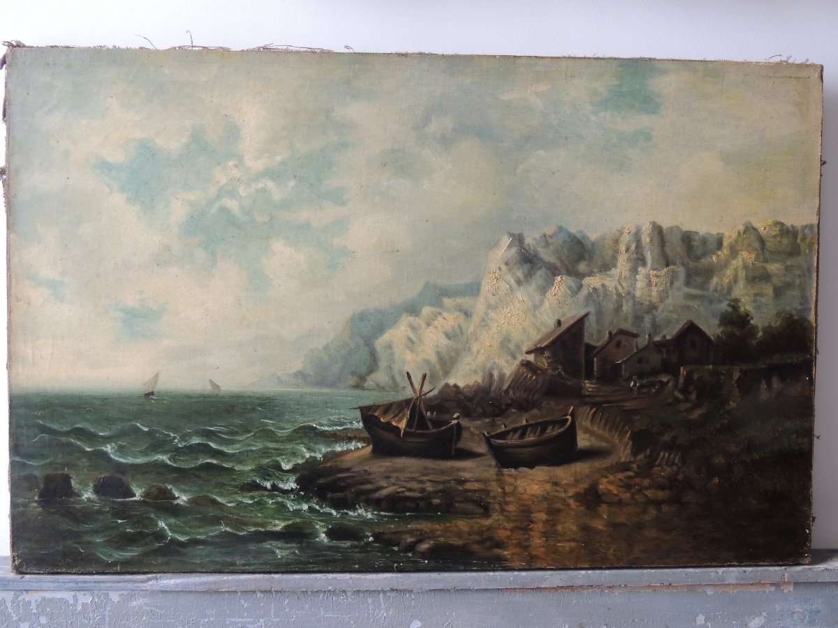 Marine Painting, Marine Painting On Canvas, Seaside Fishing Village, 19th-photo-1