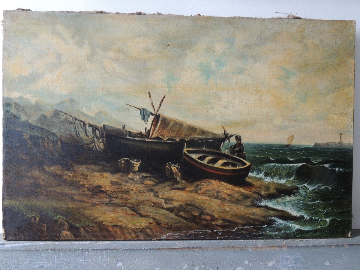 Tableau Marine , Peinture à l' Huile Sur Toile , Bateau De Pêche à l'échouage , 19 ème Siècle -photo-1