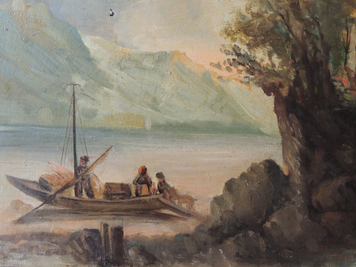 Tableau Marine , Peinture à l' Huile Sur Toile ,transport De Chèvres Par Bateau , 19 ème Siècle-photo-2