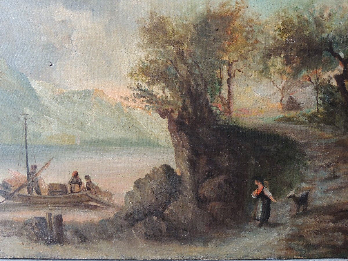 Tableau Marine , Peinture à l' Huile Sur Toile ,transport De Chèvres Par Bateau , 19 ème Siècle